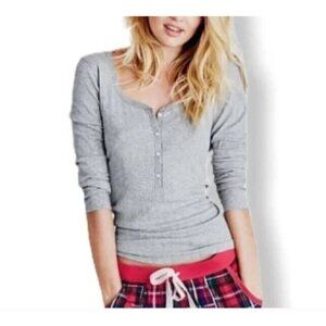 Victorias Secret Top Womens Medium Ribbed Henley Silver Metallic Long Sleeve